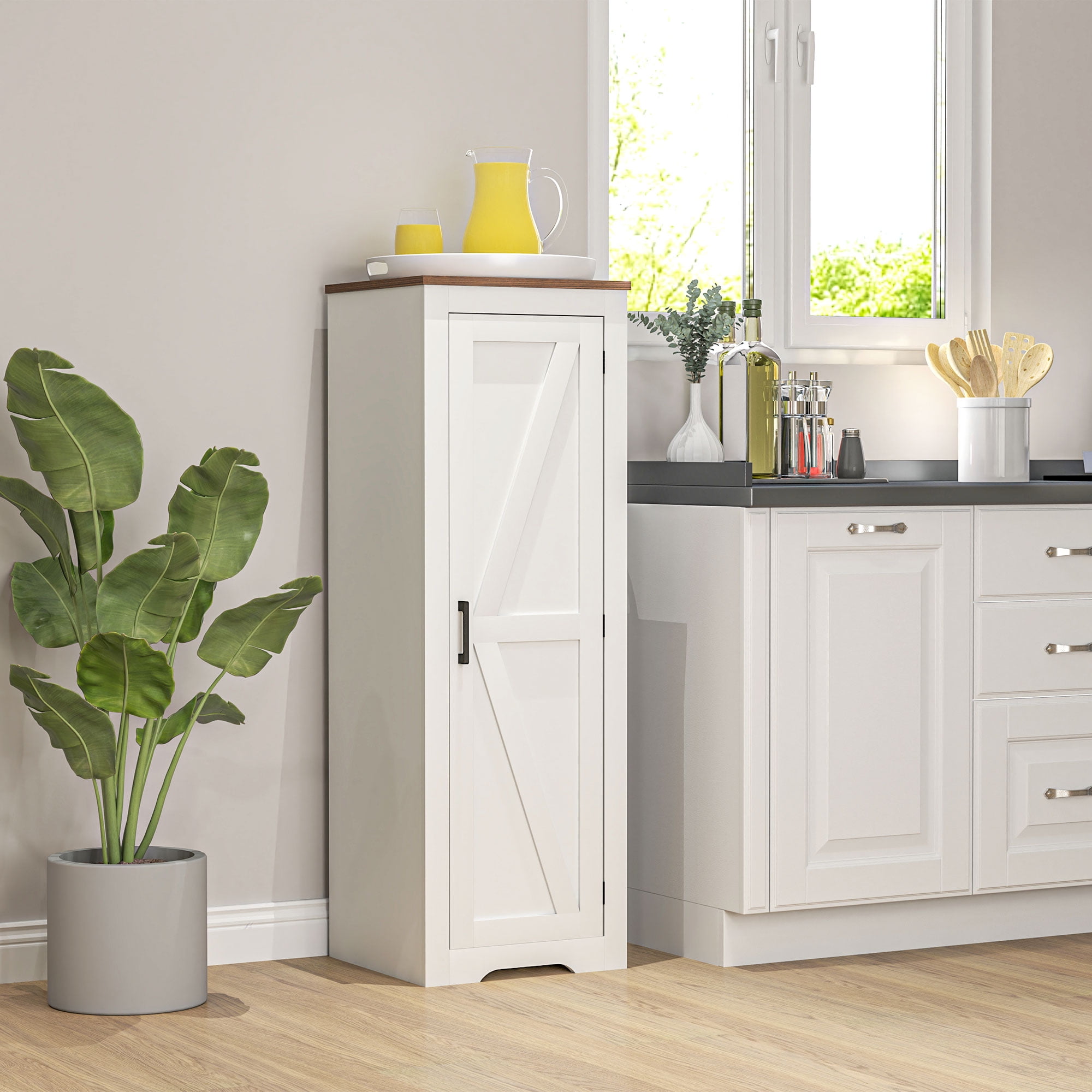 HOMCOM Farmhouse Storage Cabinet with Adjustable Shelf, Single Barn Door Accent Cabinet for Living Room, Floor Pantry Cabinet, White
