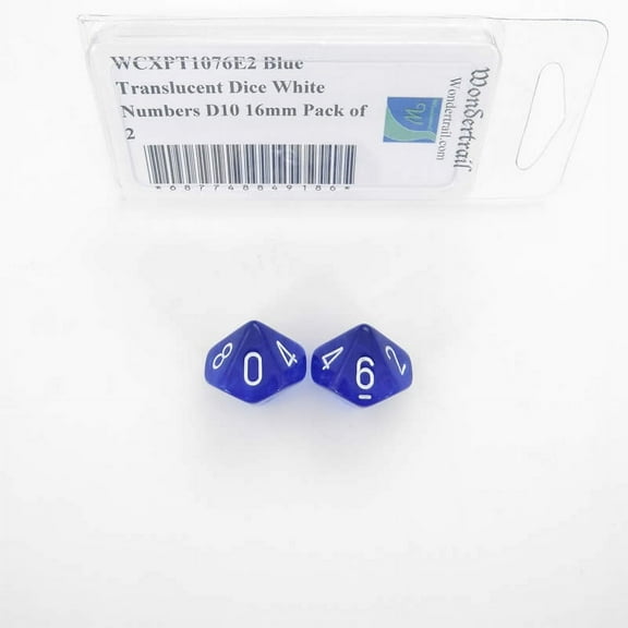Blue Translucent Dice with White Numbers D10 Aprox 16mm (5/8in) Pack of 2 Wondertrail