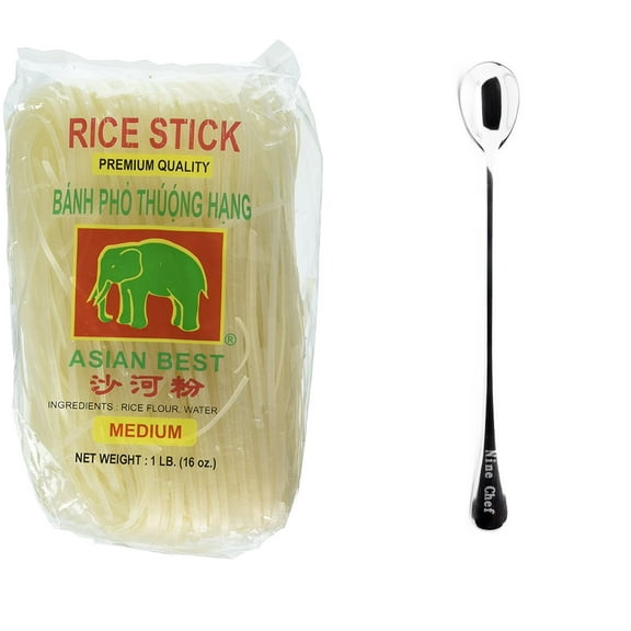 Asian Best Premium Rice Stick Noodle Medium, 16oz (3 Pack) Plus one NineChef Brand long handle Spoon