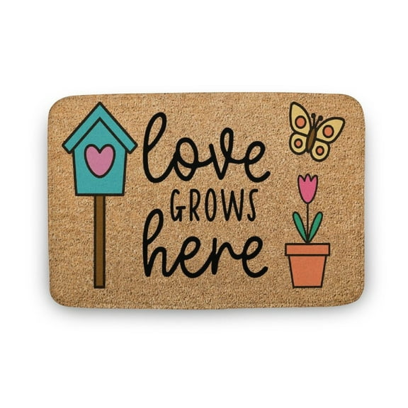 Love Grows Here Spring Doormat, Cute Front Door Mat, Spring Welcome Mat, Front Porch Decor, Outdoor Rug, Housewarming Gift, Funny Door Mat Outdoor Decor,Indoor Doormat,Coral Velvet Rug 16”x24”