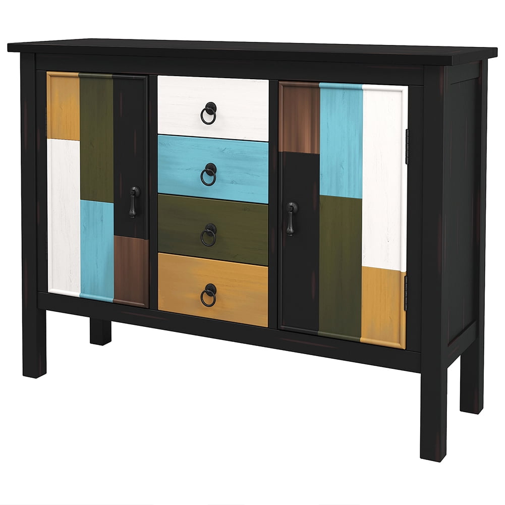 Lowestbest Colorful Pine Wooden Console Table, Sofa Table with Four Drawers and Two Large Cabinets (Black) Lowestbest Colorful Pine Wooden Console Table, Sofa Table with Four Drawers and Two Large Cabinets (Black)