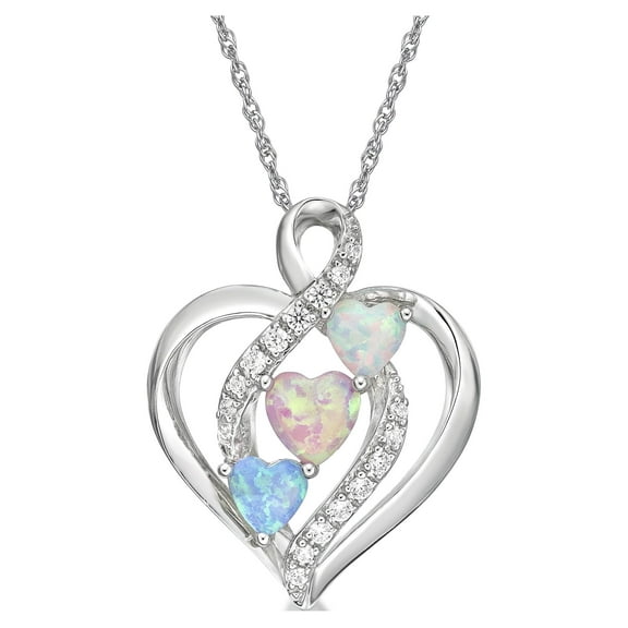 Brilliance Fine Jewelry 925 Sterling Silver Lab Created Blue, Pink and White Opal with Simulated White Diamond Open Halo Heart Pendant on an 18" Fine Rope Chain