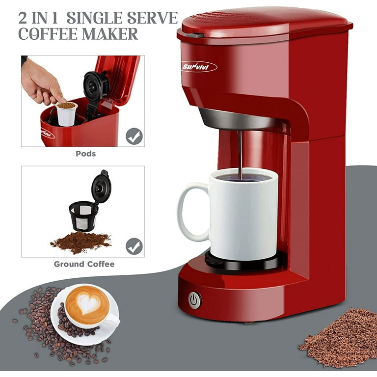 Single Serve Coffee Maker Coffee Brewer 6 to 14 oz With Permanent Filter,  Compatible with Single Cup Pod & Ground Coffee, Red 
