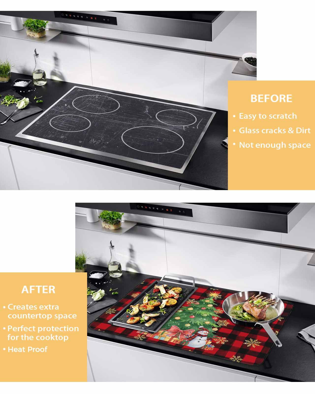 Large Induction Cooktop Protector Mat Christmas Stove Top Covers for Electric Stove, Snowman Gold Snowflakes Pine Tree Plaid Decorative Stove Burner Cover Mats, Glass Top Stove Cover