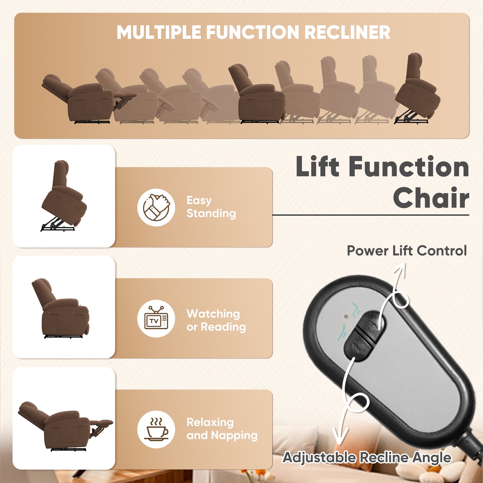 Homall Power Lift Recliner with Eight Vibrating Massages Ergonomic Single Sofa with Side Pocket for Elderly,Brown