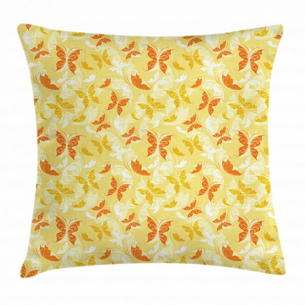 Yellow and White Throw Pillow Cushion Cover, Butterfly Pattern with