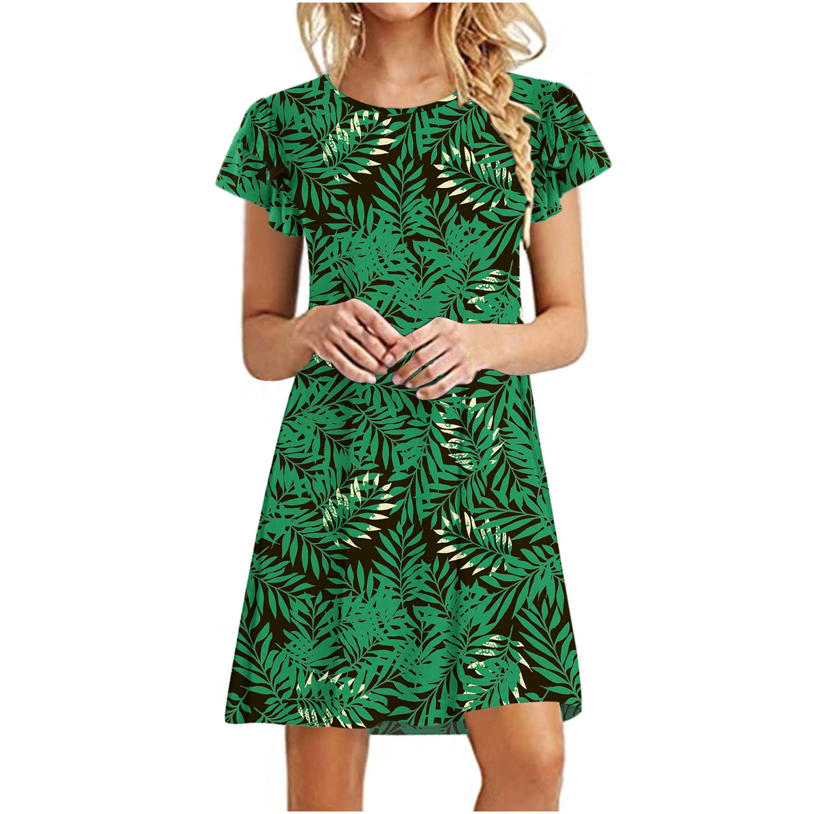 Women's Mini Casual T Shirt Dresses Aline Ruffle Short Sleeve Cute Round Neck Summer Beach