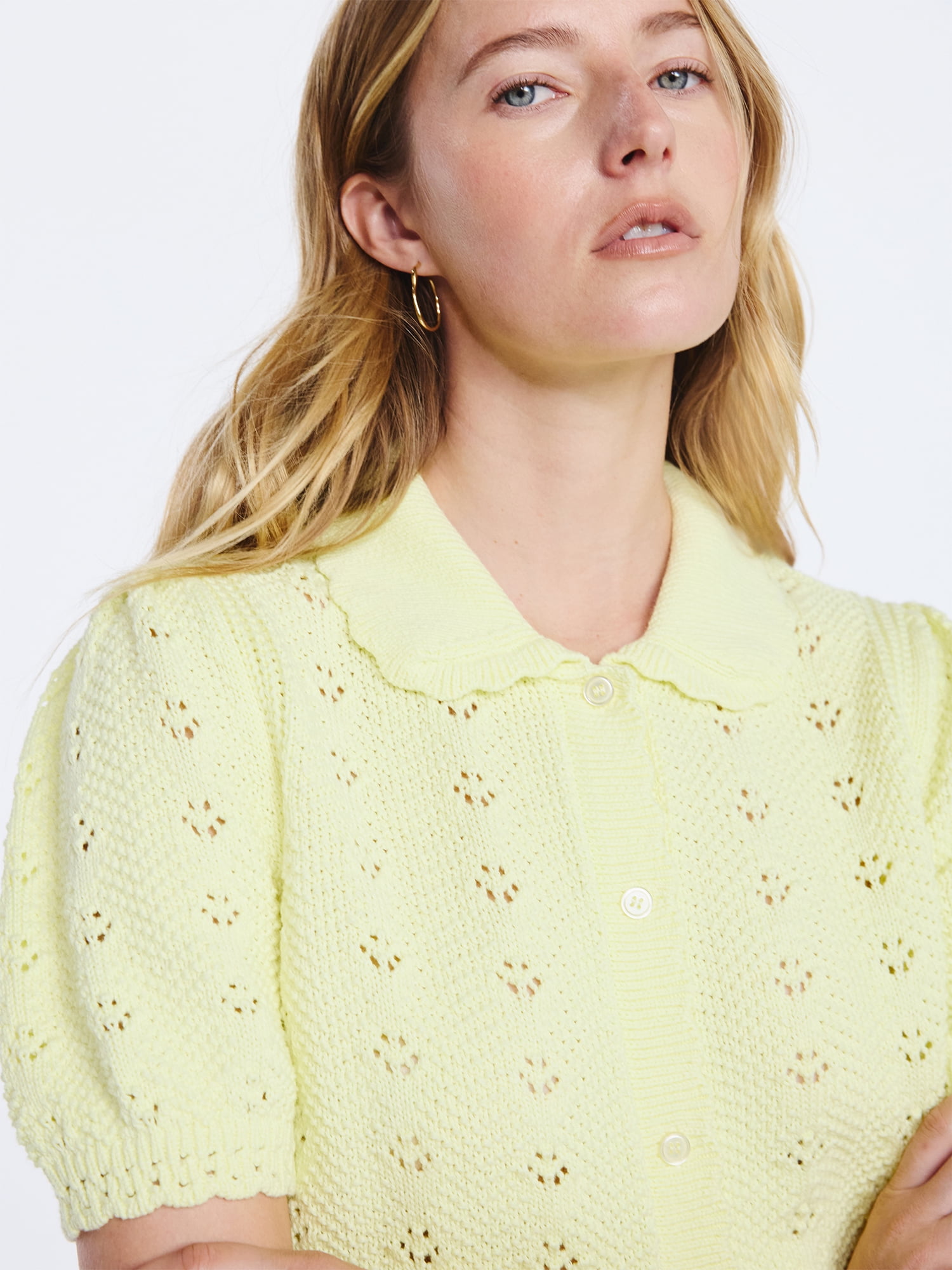 Free Assembly Women's and Women's Plus Cotton Pointelle Cardigan Sweater with Short Sleeves, Lightweight, Sizes XS-4X