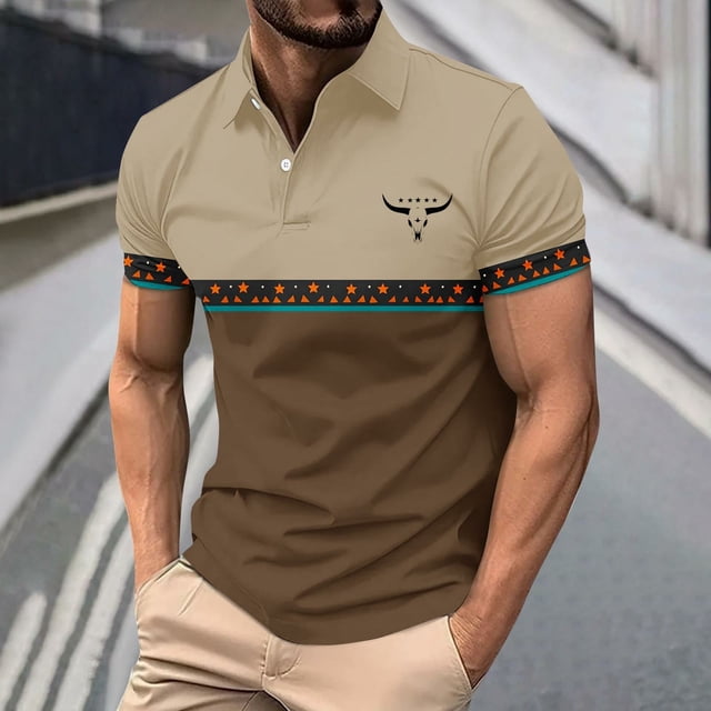 Blusa y camisa de manga corta con cuello vuelto para hombre, blusa de manga larga con solapa y botones estampados, blusa de poliéster para hombre