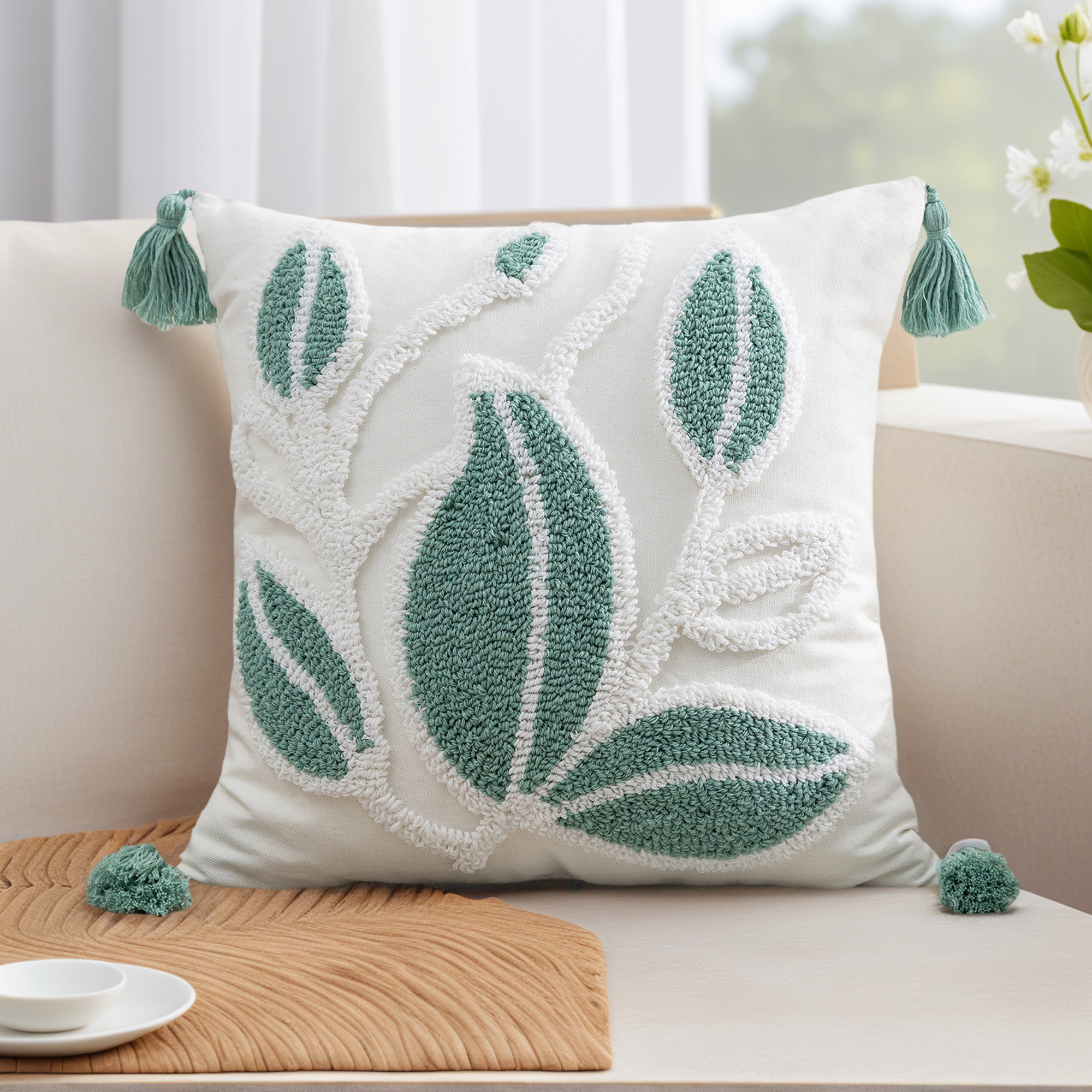 Unique Bargains Boho Pillow Cover with Tassels Set of 2 Green Big Leaves 18" x 18"