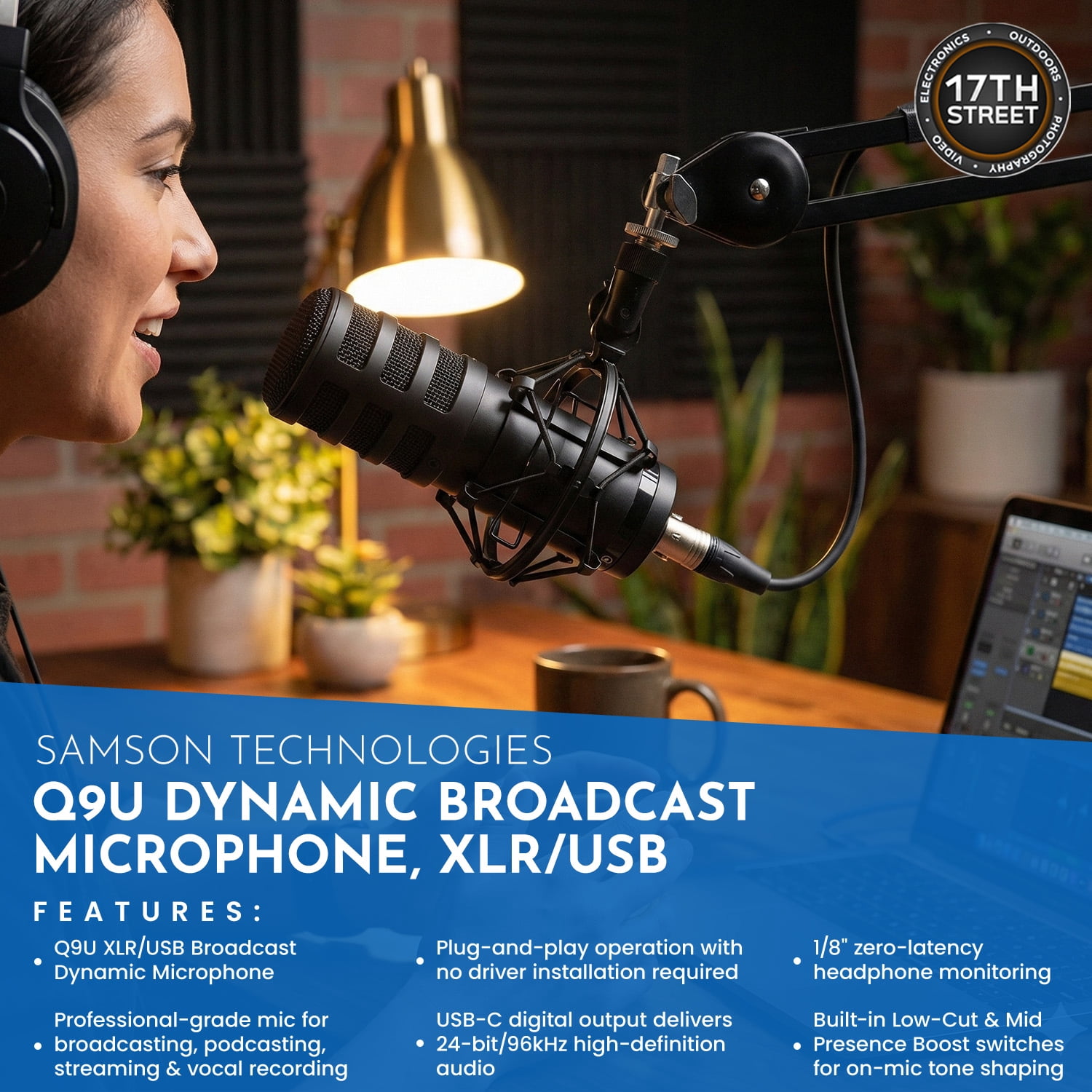 SAMSON Q9U XLR/USB Dynamic Broadcast Microphone with Accessories - PS04 Gooseneck Microphone Pop Filter, SR350 Over-Ear Stereo Headphone, Boom Arm Microphone Mic Stand, and Cleaning Cloth - Bundle