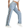 thumbnail image 4 of Olyvenn Women's High Waist Cutout Zip Button Jeans, Hollow Out Straight Leg Denim Trousers with Pockets, Outdoor Casual Streetwear Light Blue XXL, 4 of 9