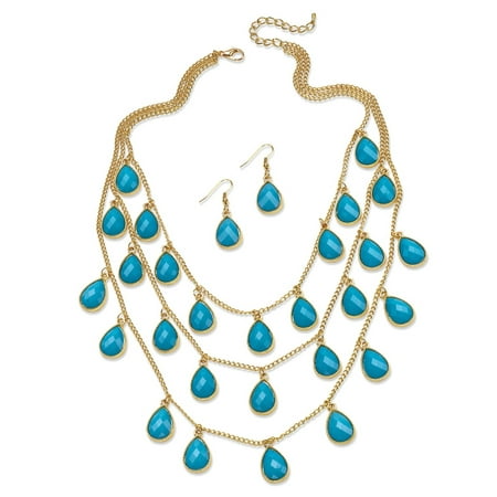 Cabochon Jewelry Set - Aqua Teardrop Checkerboard-Cut Cabochon Jewelry Two-Piece Set in Yellow Gold Tone