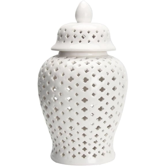 ABCISI Ginger Jar Traditional Pierced Ginger Jar with Lid Ceramic Vase Carved Lattice Decorative Temple Jar White Ginger Jars for Home Decor