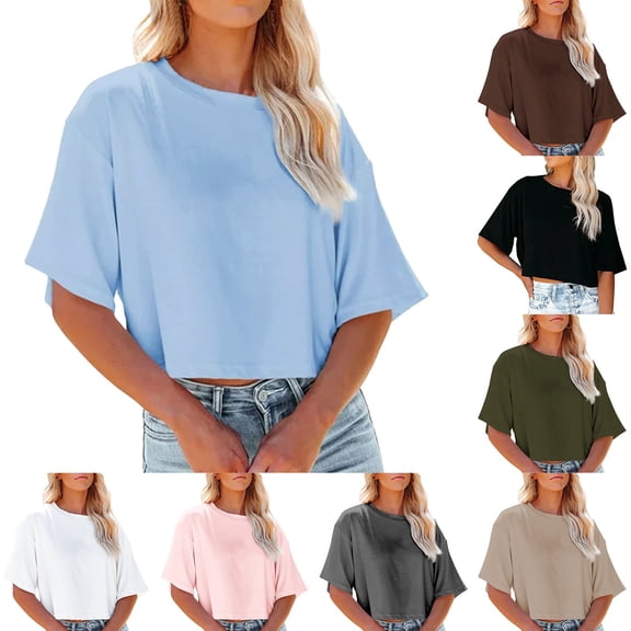 Trendfront Womens Summer Crew Neck Elbow Sleeve Tops Cropped Length Solid Color Tees Plain Casual Everyday Style Wear T-Shirts