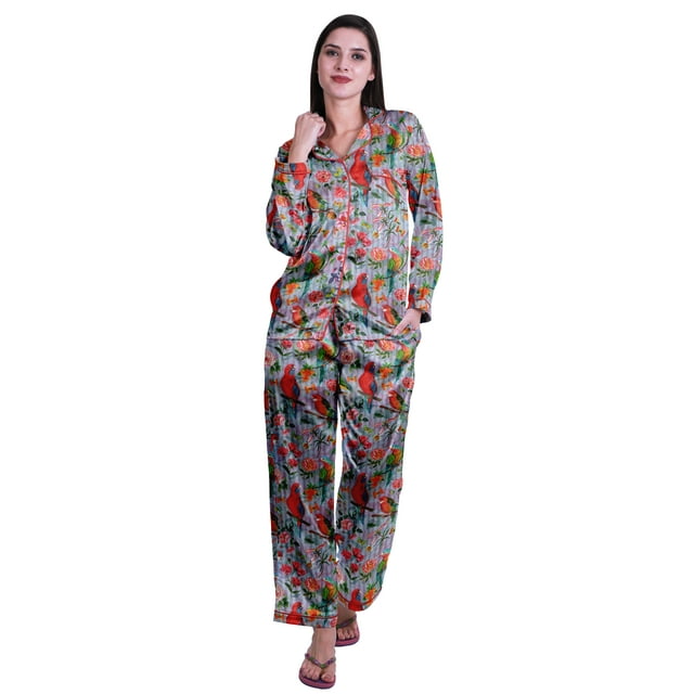 Moomaya Ensemble de Pyjama à Manches Longues et Shorts pour Femmes en Satin avec Boutons
