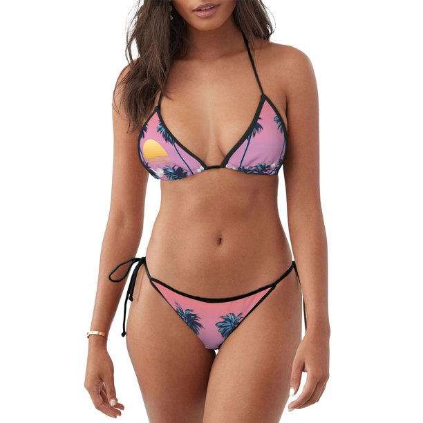 Fotbe Beach with Palm Trees Traje de Baño para Mujer de Dos Piezas – Bikini Sexy de Tirantes Tipo Halter con Diseño Triangular
