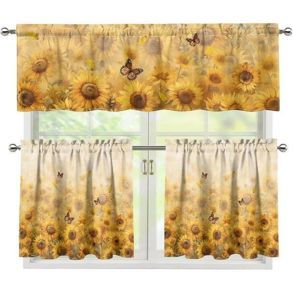 Mloabuc 3PCS Fall Kitchen Window Curtain Set with 36" Length Tiers and Valance Heart Rod Pocket Cafe Curtains Fall Sunflower Butterfly Window Curtains Treatment,Fall Home Collection