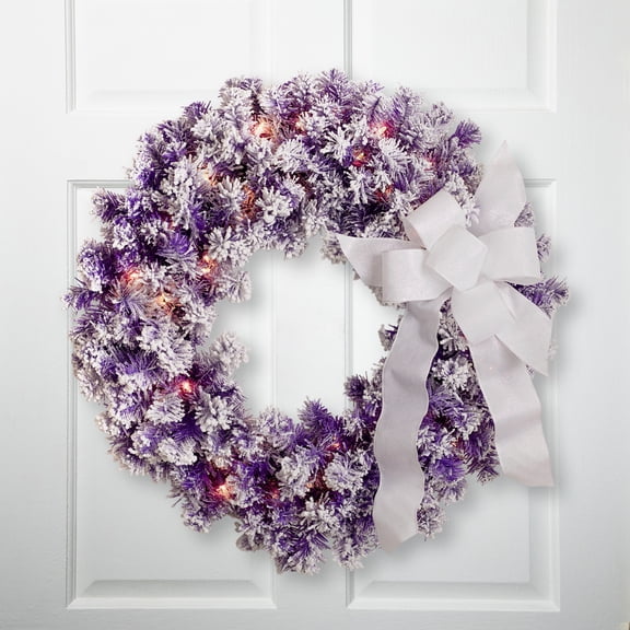 Northlight Pre-Lit Flocked Pine Artificial  Christmas Wreath - 24" - Purple - Clear Lights