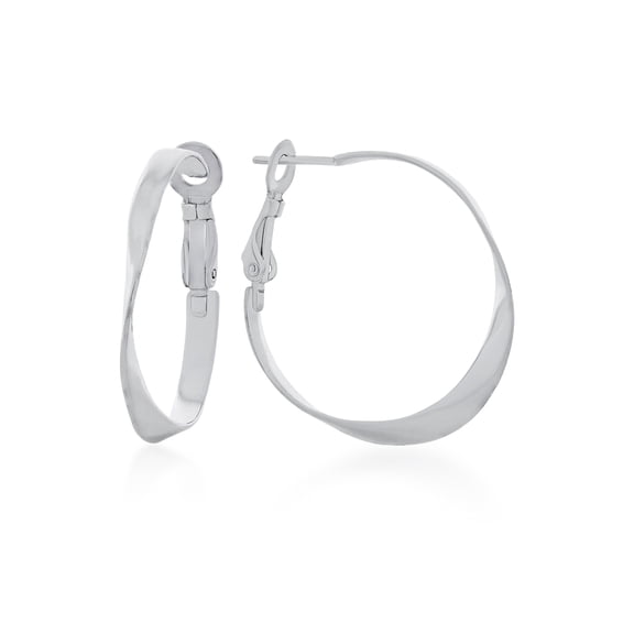 Sterling Silver Rhodium Plated 30mm Graduated Clutch Hoop Earrings