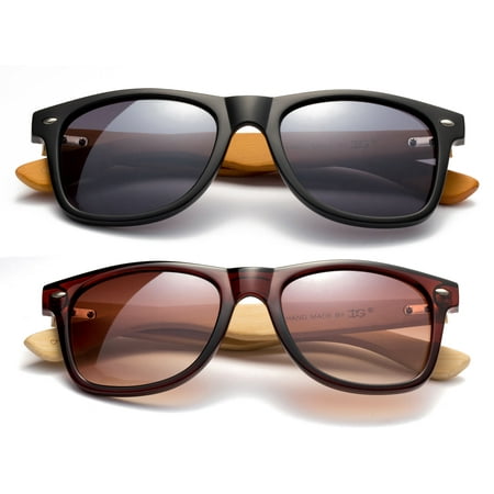 2 Pack Modern Retro Fashion Real Bamboo Temple Fashion Sunglasses for Men & for Women