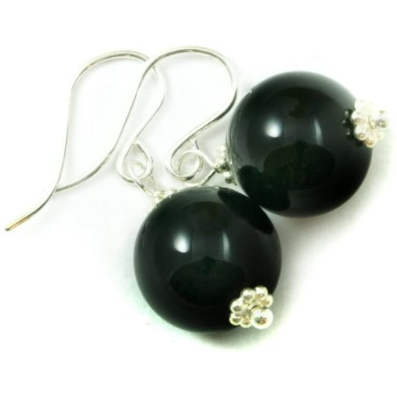 Sterling Silver Black Onyx Earrings Round Smooth Drops Bead Accents Lightweight Everyday Dangles Designed for Adult Women