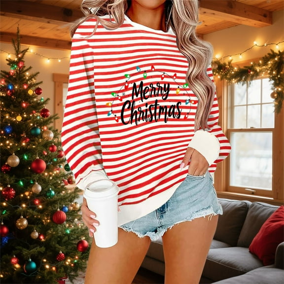 Yteetum Women's Christmas Crewneck Sweatshirts Oversize Christmas Graphic Print Pullover Hoodless Sweatshirts Top Womens Christmas Stripe Print Round Neck Long Sleeve Sweatshirts Fall Clothes