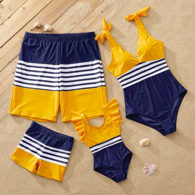PatPat Boys Swim Trunks Family Matching Set Stripe Colorblock Spliced Board Shorts Mommy and Me Bathing Suits