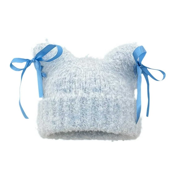 ATOYSOY Cute Bow Ears Beanie Hats for Women Y2K Fleece Knitted Beanies Winter Hat Warm Crochet Cap (Blue,M)