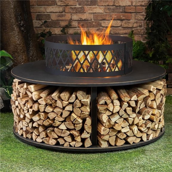 Deko Living 38 in. Diameter Outdoor Steel Woodburning Fire Pit with Log Storage
