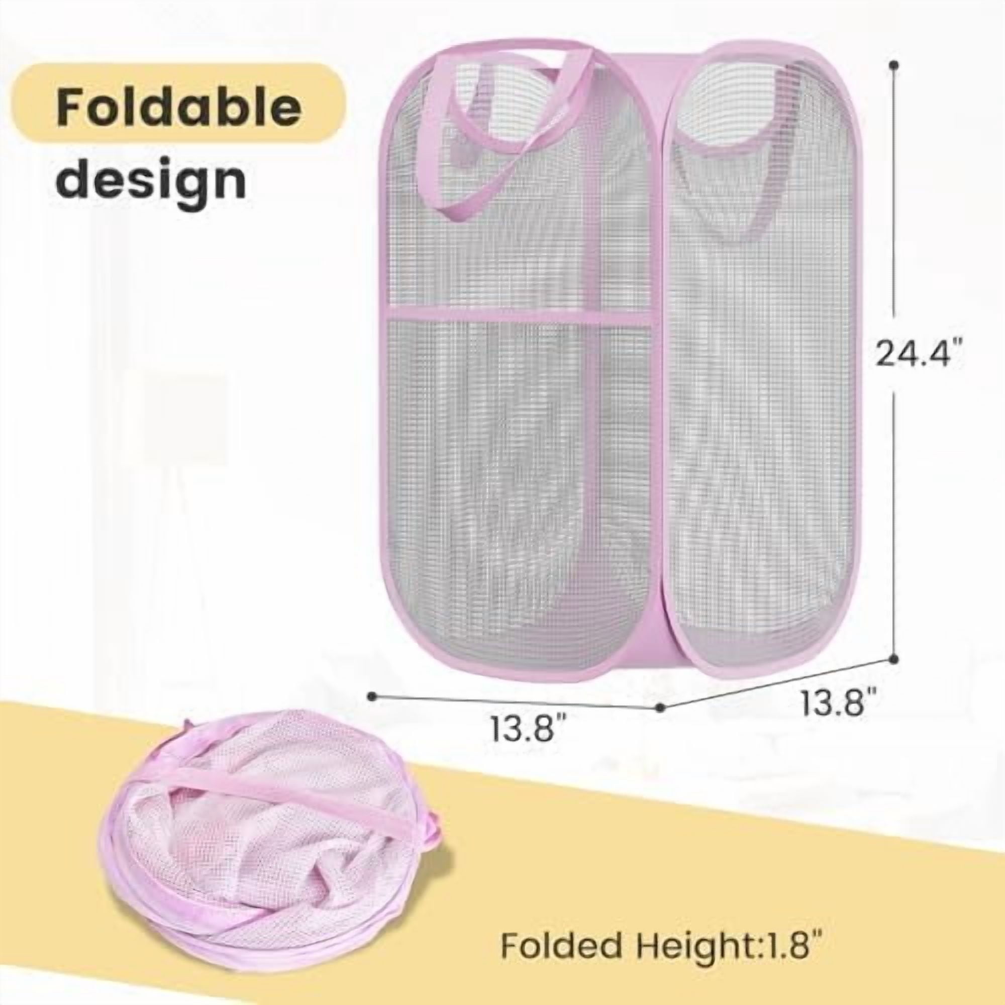 2 Pack Strong Mesh Pop-up Laundry Hamper, Quality Pop Up Hampers for Laundry with Durable Handles Solid Bottom High Carbon Steel Frame, Easy to Open and Fold Flat for Storage(Light Pink)