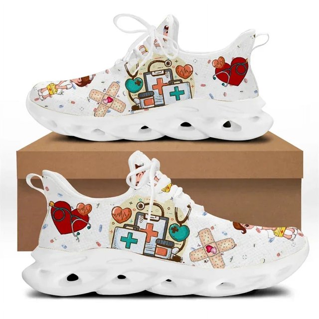 Zapatillas blancas de enfermería para mujer, con estampado de dibujos animados de enfermera y doctor, ligeras, con cordones, para deportes al aire libre y correr.