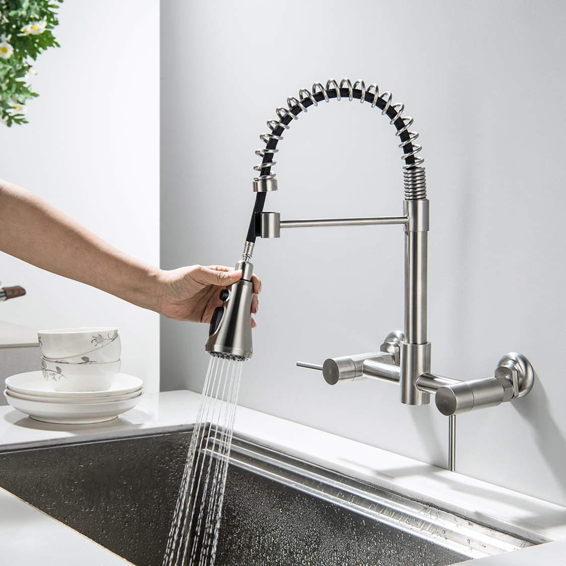 Wall Mount Kitchen Faucet, 8 Inch Center Wall Mount Kitchen Sink Faucet with Pull Down Sprayer Commercial, Brushed Nickel