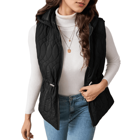 Mengpipi Women's Lightweight Quilted Gilet Autumn Winter Sleeveless Hooded Belted Waist Stand Collar Thermal Coat with Side Pockets S-2XL