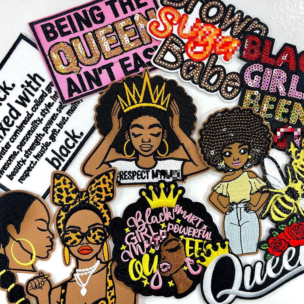 Sequin Black Girl Iron On Patches, Queen Embroidered Patch for Clothes, Women Applique for Backpacks, Hats, Jeans, Jackets - 11PCS