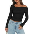 thumbnail image 3 of Arvbitana Women's Long Sleeve T-shirt One Off Shoulder Asymmetrical Neck Pullovers Tight Fitted Solid Color Ruched Shirt Crop Tops for Spring Fall Streetwear, 3 of 5