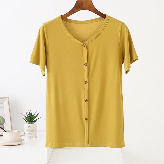 Fiudx Ofertas Flash Artículos En Oferta Camisa Holgada de Manga Corta con Cuello En V para Mujer, Top con Botones, Top/Camisa de Manga Corta con Cuello En V para Mujer
