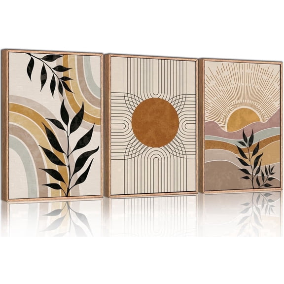 HPINUB Boho Framed Canvas Wall Art Prints, Set of 3 Mid Century Modern Wall Decor, Nature Plants Desert Sun Art Paintings, Bohemian Artwork for Living Room, Bedroom, Dining Room, Office - 16"x24"x3