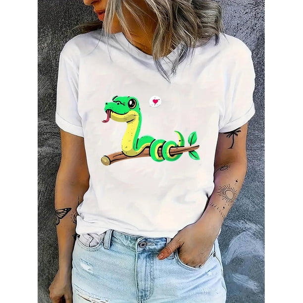 Camiseta informal de cuello redondo para mujer con estampado de serpientes y corazones, manga corta a la moda, 100 % algodón, elasticidad media, corte cómodo para todo el año, estampado animal de vera