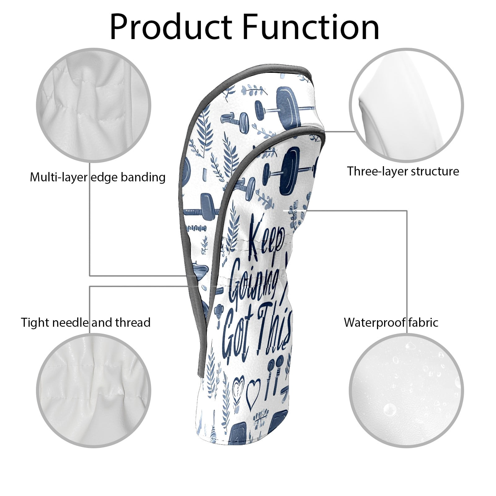 Golf Club Covers, White Fitness Motto Premium PU Leather Driver Hybrid Putter Head Covers with Velvet Lining, Waterproof Golf Gifts for Men Women