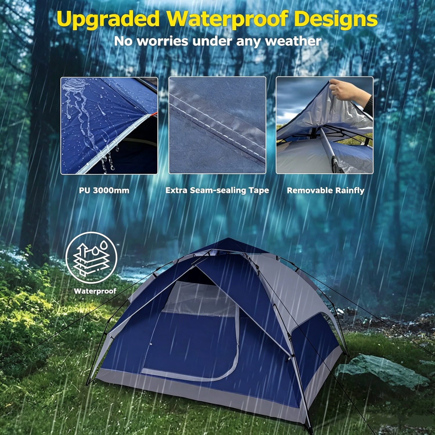 Carpa para acampar MAXVINI para 4 personas 2 en 1, armado fácil e instantáneo en 30 segundos, tipo domo, impermeable y resistente al viento con PU 3000mm, diseño de doble capa para campamento familiar, senderismo, playa y uso al aire libre 8
