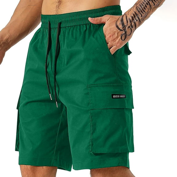 Homenesgenics Men's Shorts Cargo Solid Color Sports Fitness Elastic Waist Drawstring Workwear Multi-Pocket Cropped Pants Green S