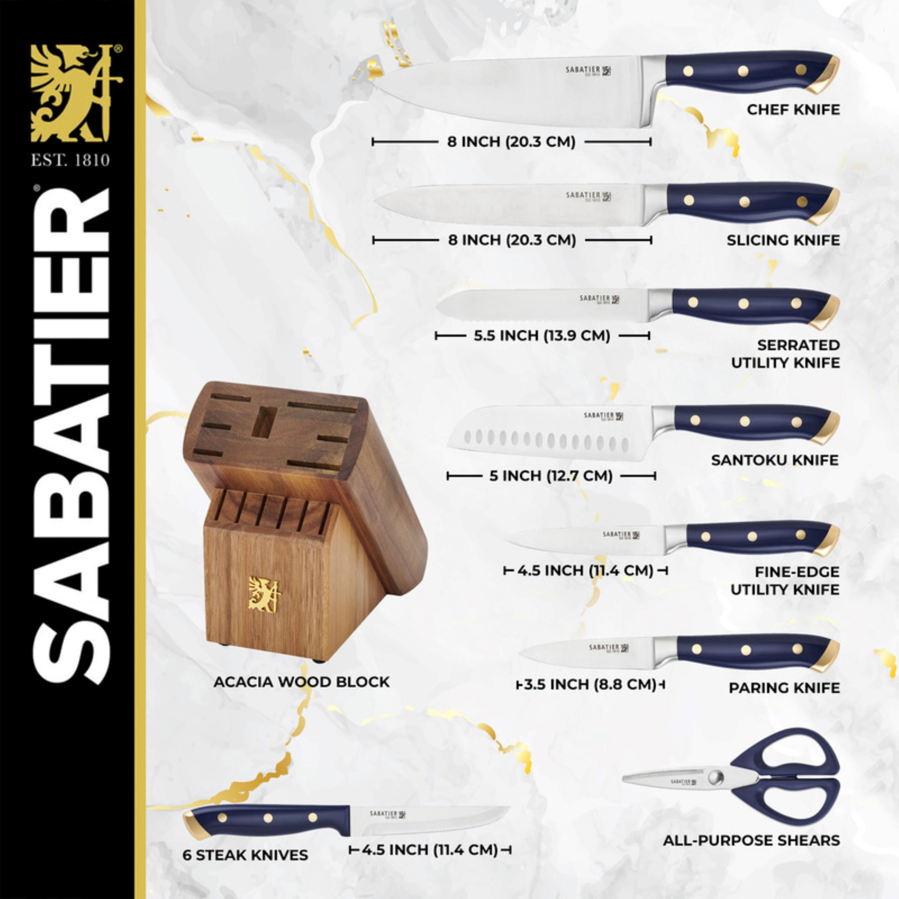 Sabatier 14 Piece Forged Triple Rivet Knife Block Set with Navy Handles and Brass Accents
