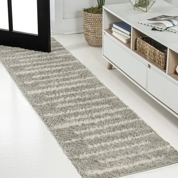JONATHAN Y MOROCCAN HYPE 2 x 8 Runner Rug, Alaro Berber Stripe Shag - Gray/Ivory, MOH402B-28