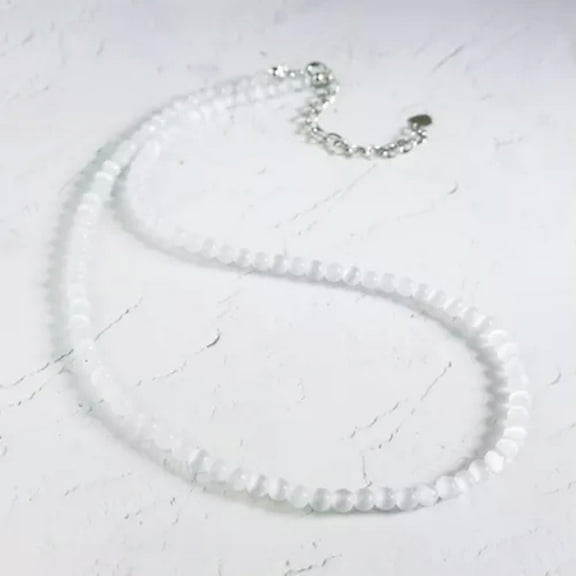 K-KED 6mm Selenite Stone Beads Necklace Satin Crystal Dainty Choker 18"