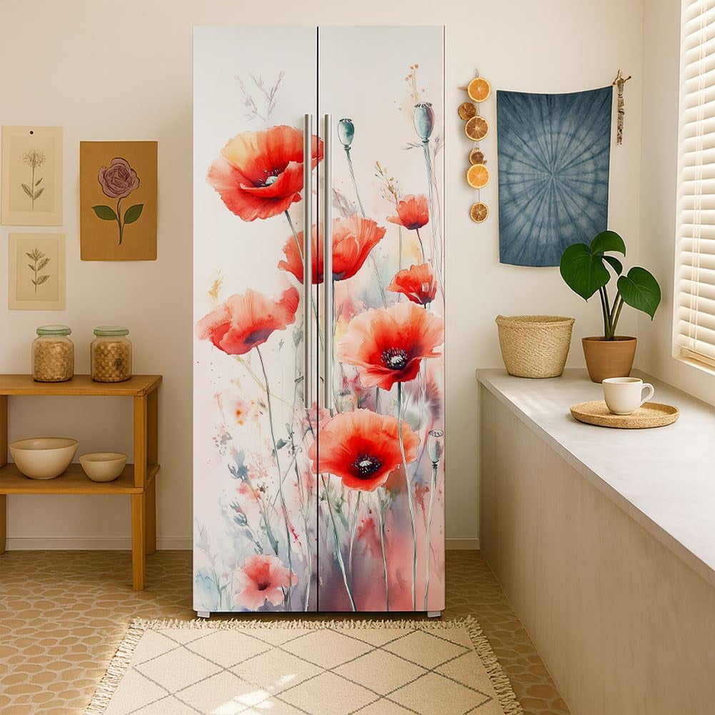 2 Sheet Flower Removable Refrigerator Wraps Self-Adhesive Fridge Stickers Peel and Stick Vinyl Fridge Decals Sticker for Living Room Multi-color