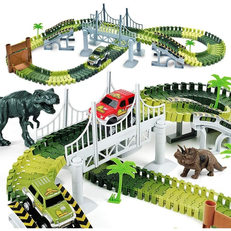 Dinosaur Toys,Create A Dinosaur World Road Race,Flexible Track  Playset and 2 pcs Cool Dinosaur car for 3 4 5 6 Year & Up Old boy Girls  Best Gift : Toys & Games