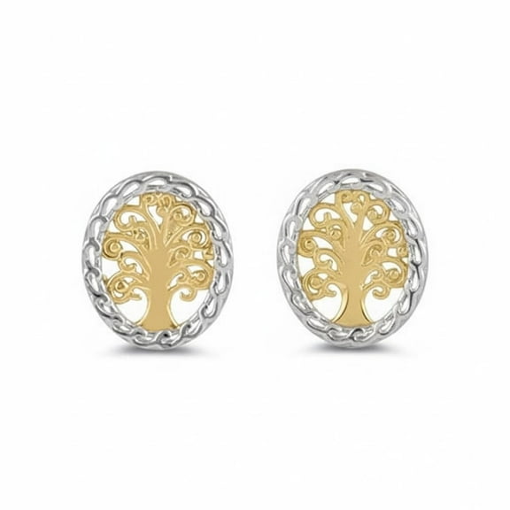 Vinali 14K Solid Gold Two Tone White and Yellow Real Gold Womens Small Oval Celtic Tree of life Stud Earrings For Ladies - 0.35in