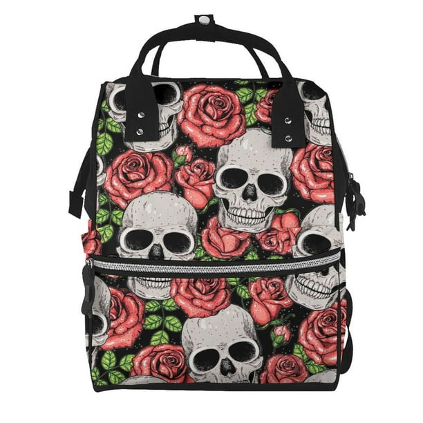 Disketp Skull and Roses Mochila de Pañales de Gran Capacidad con Múltiples Bolsillos, Mochila de Viaje Multifuncional para Bebé, Unisex, Moderna y Resistente