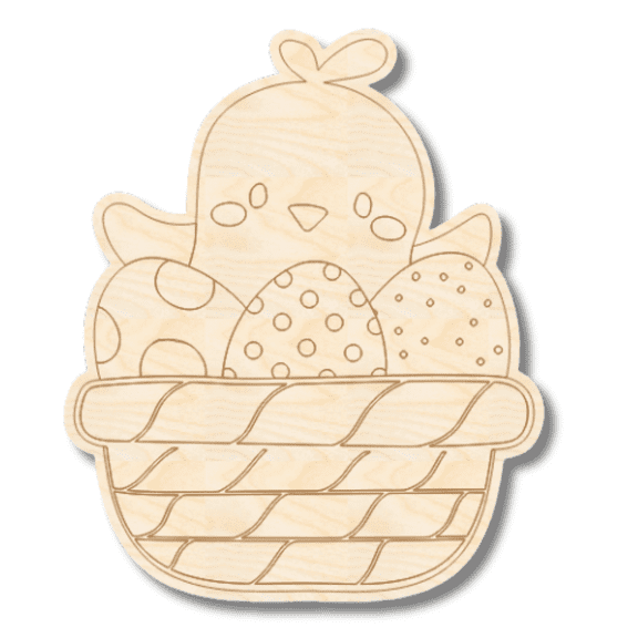 Unfinished Wood Etched Chick Easter Basket Shape | Paint By Line Crafts 8" / 1/4"